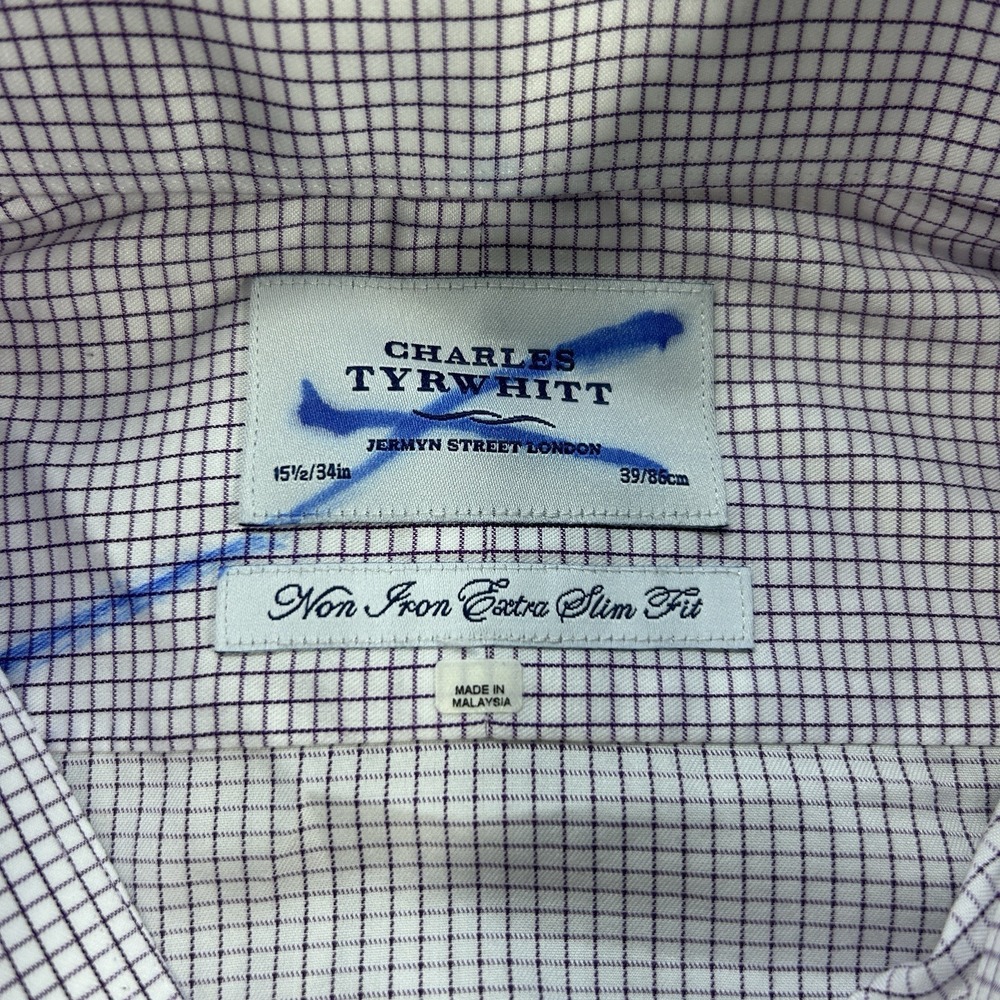 Charles Tyrwhitt Dress 15.5/34 Purple Check Non-Iron Extra Slim Fit French Cuffs - Picture 3 of 8